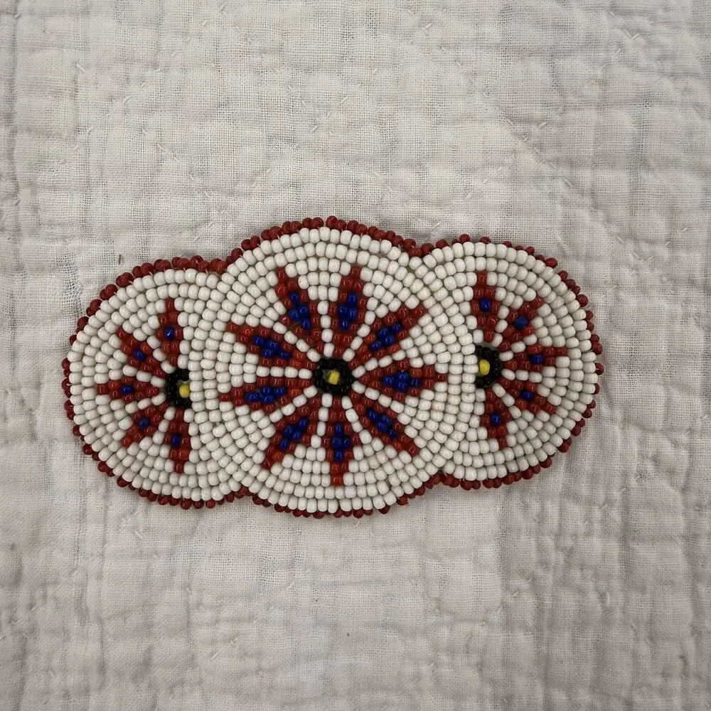 Vintage Native American Glass Bead STARS Hair Barrette 3 inch Red White Blue